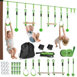AIYAPLAY Kinder Zipline Set mit Kindern beim Spielen, Zubehör und Tragetasche.