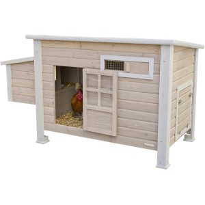 Kerbl Hühnerstall Emma aus Holz mit Legenest und Hühner im Stall.