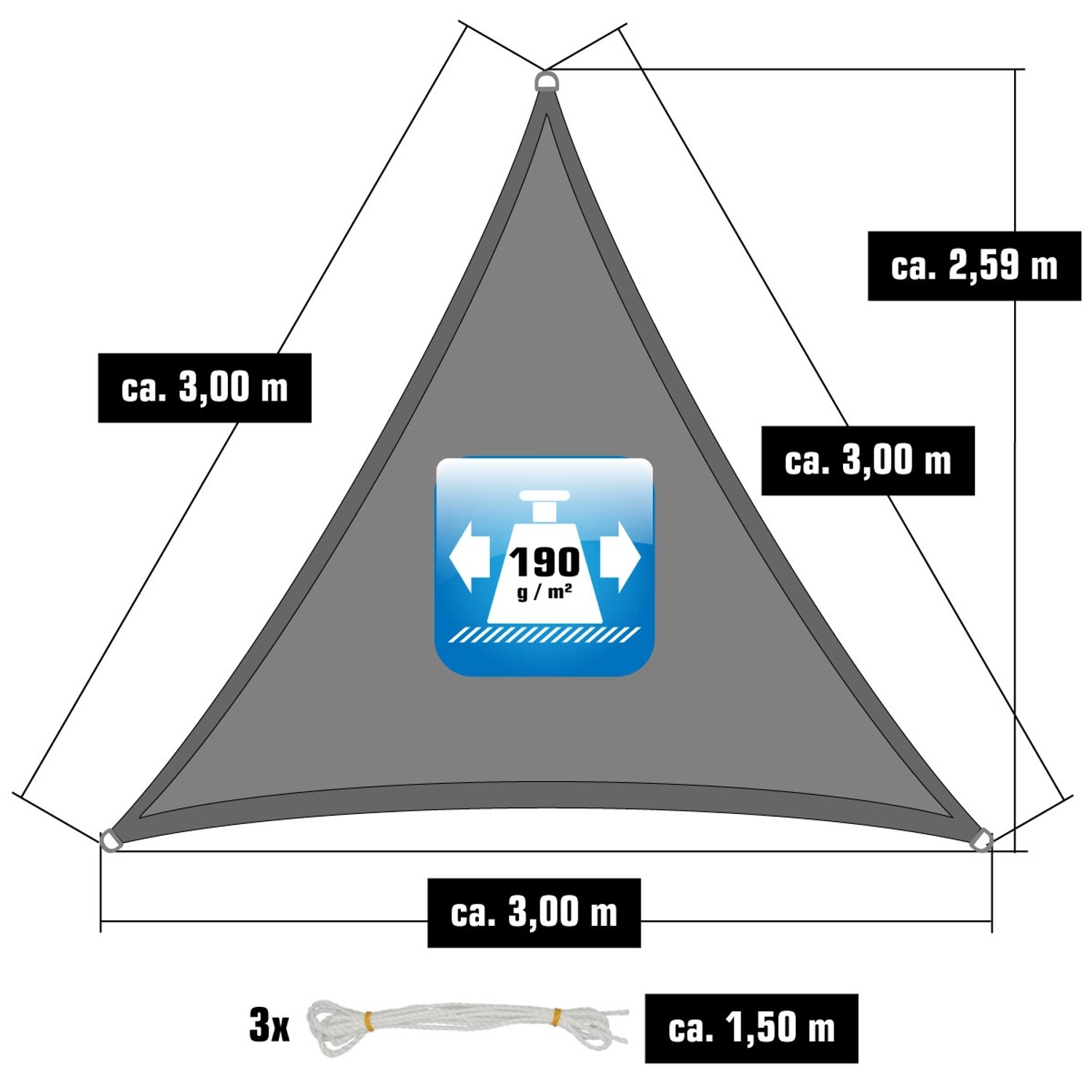 Graues AMANKA Sonnensegel, Dreieck 3x3x3m, wasserabweisend, mit Maßangaben und Seilen.