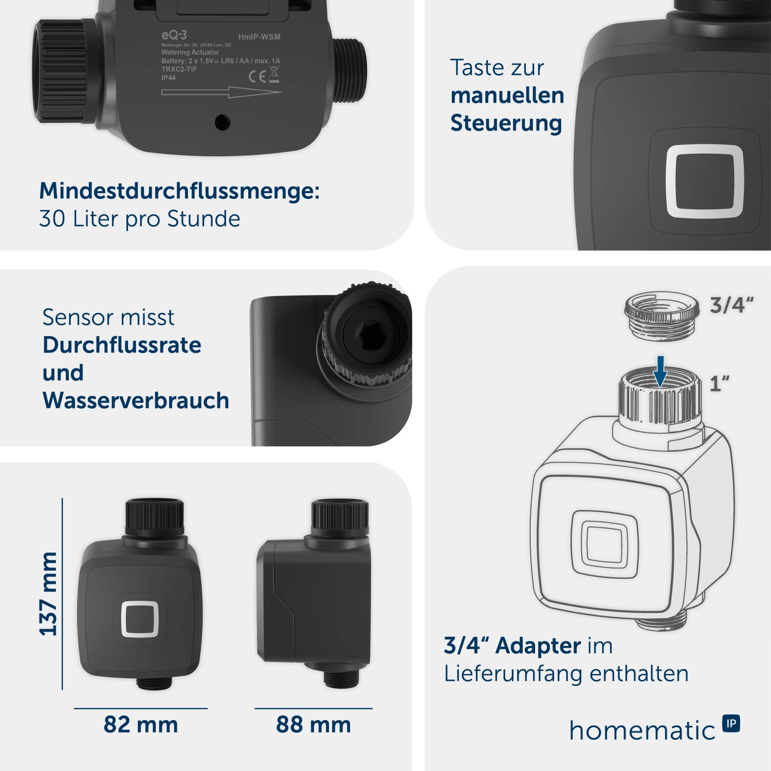 Homematic IP Bewässerungsaktor für Garten, mit Taste, Sensor für Durchflussrate und 3/4 Zoll Adapter. Maße: 137x82x88mm.