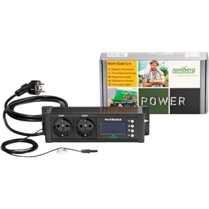 Romberg HortiSwitch Thermostat für Pflanzenanzucht mit Zeitschaltuhr und Temperaturanzeige.