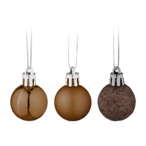 Drei braune Weihnachtskugeln aus Kunststoff: glänzend, matt und glitzernd. Perfekt für Christbaumschmuck im 96er Set.