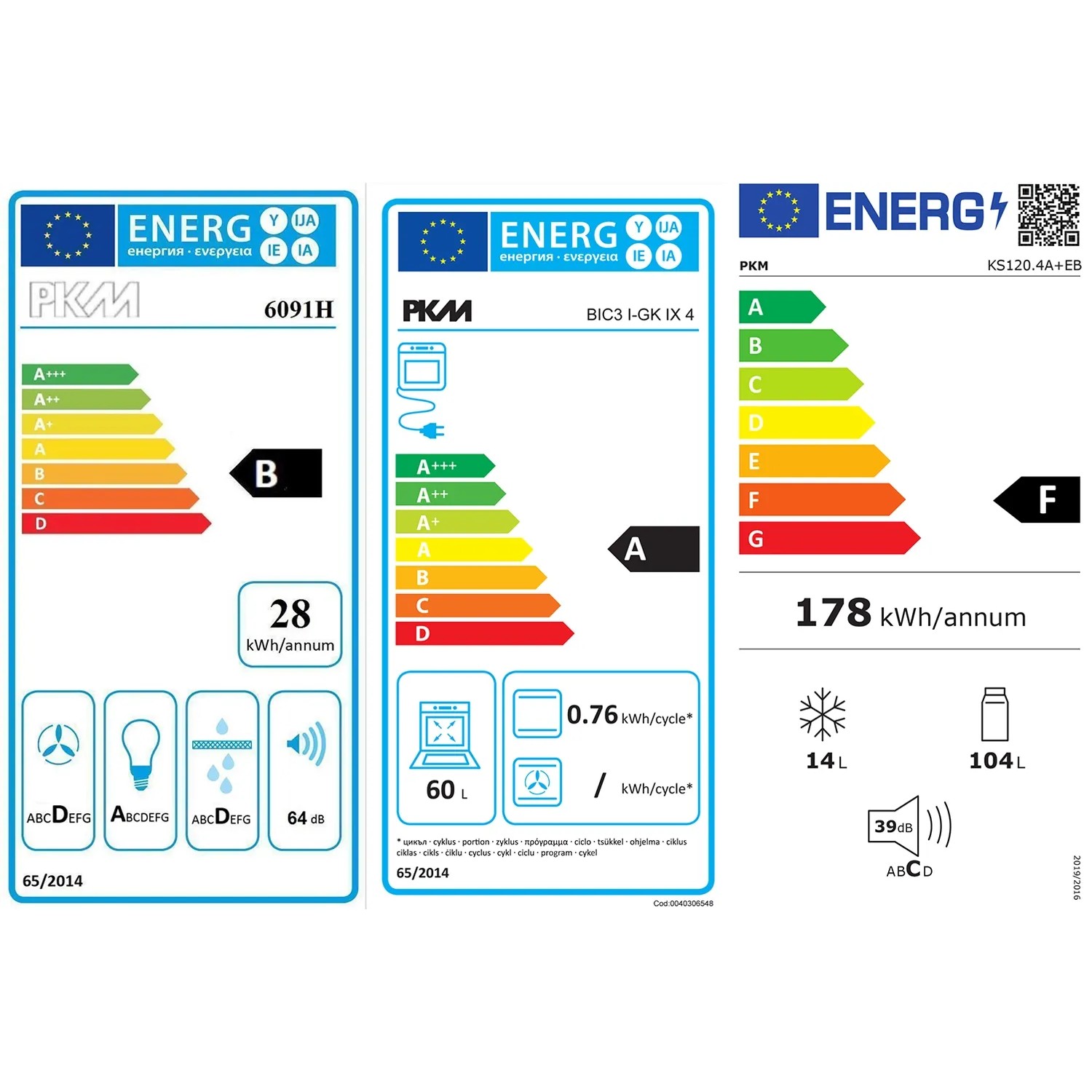 Energieetiketten von PKM: Kühlschrank, Backofen und Kühl-Gefrierkombination mit Energieeffizienzklassen.