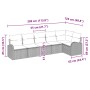 Beiges 6-teiliges Garten-Sofa-Set aus Poly Rattan mit Kissen, vidaXL. Abmessungen und Details sind eingezeichnet.