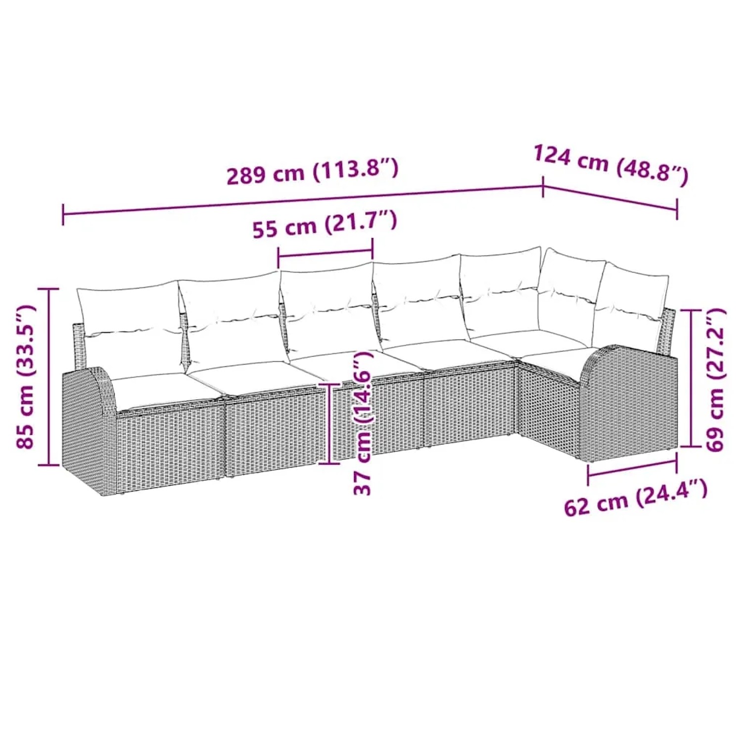 Beiges 6-teiliges Garten-Sofa-Set aus Poly Rattan mit Kissen, vidaXL. Abmessungen und Details sind eingezeichnet.