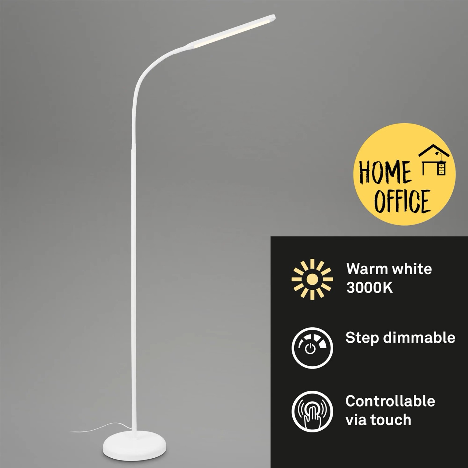 Weiße, dimmbare Brilo LED Stehleuchte Pivaz mit Touch-Funktion, schwenkbar für Schreibtisch & Wohnzimmer.
