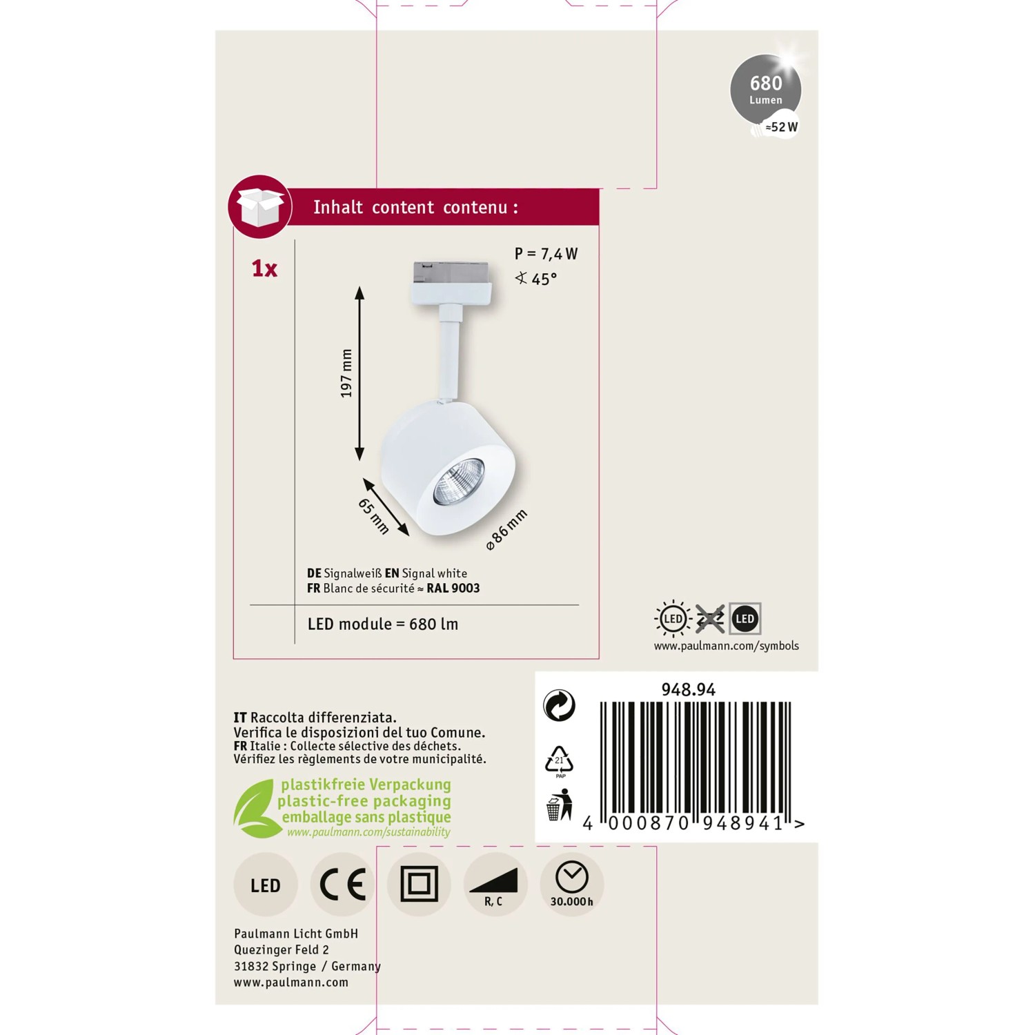 Paulmann LED-Schienenspot Pane, signalweiß, neutralweiß, für URail-Schienensysteme.
