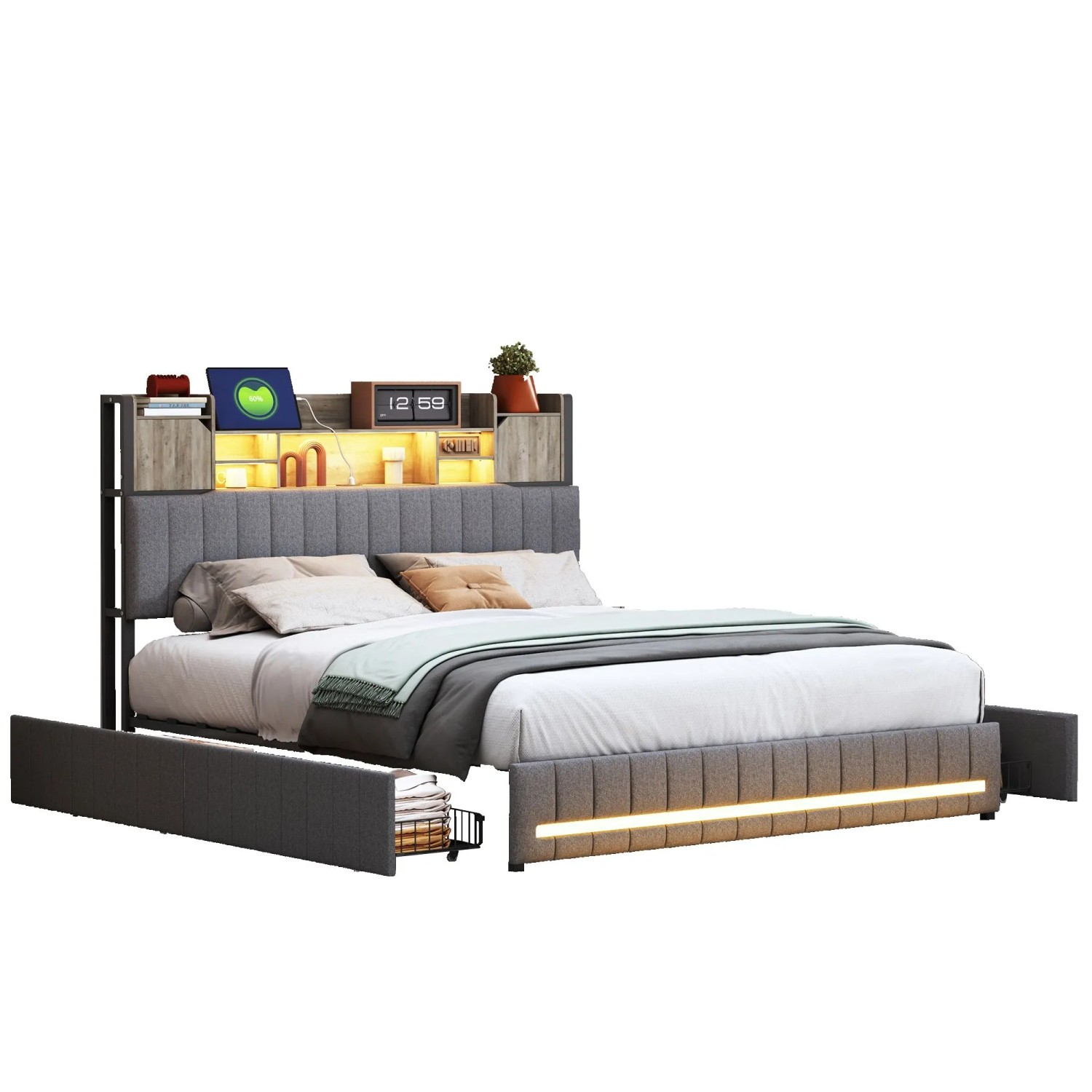 PXloue Polsterbett  Bett 160 x 200 mit Schubladen  Gepolstertes Kopfteil&LED-Beleuchtung