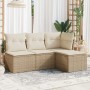 Beige 4-tlg. Garten-Sofagarnitur aus Rattan mit cremeweißen Kissen.