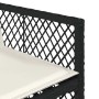Detailansicht eines schwarzen Poly Rattan Gartenstuhls mit cremefarbenem Kissen der vidaXL Essgruppe.