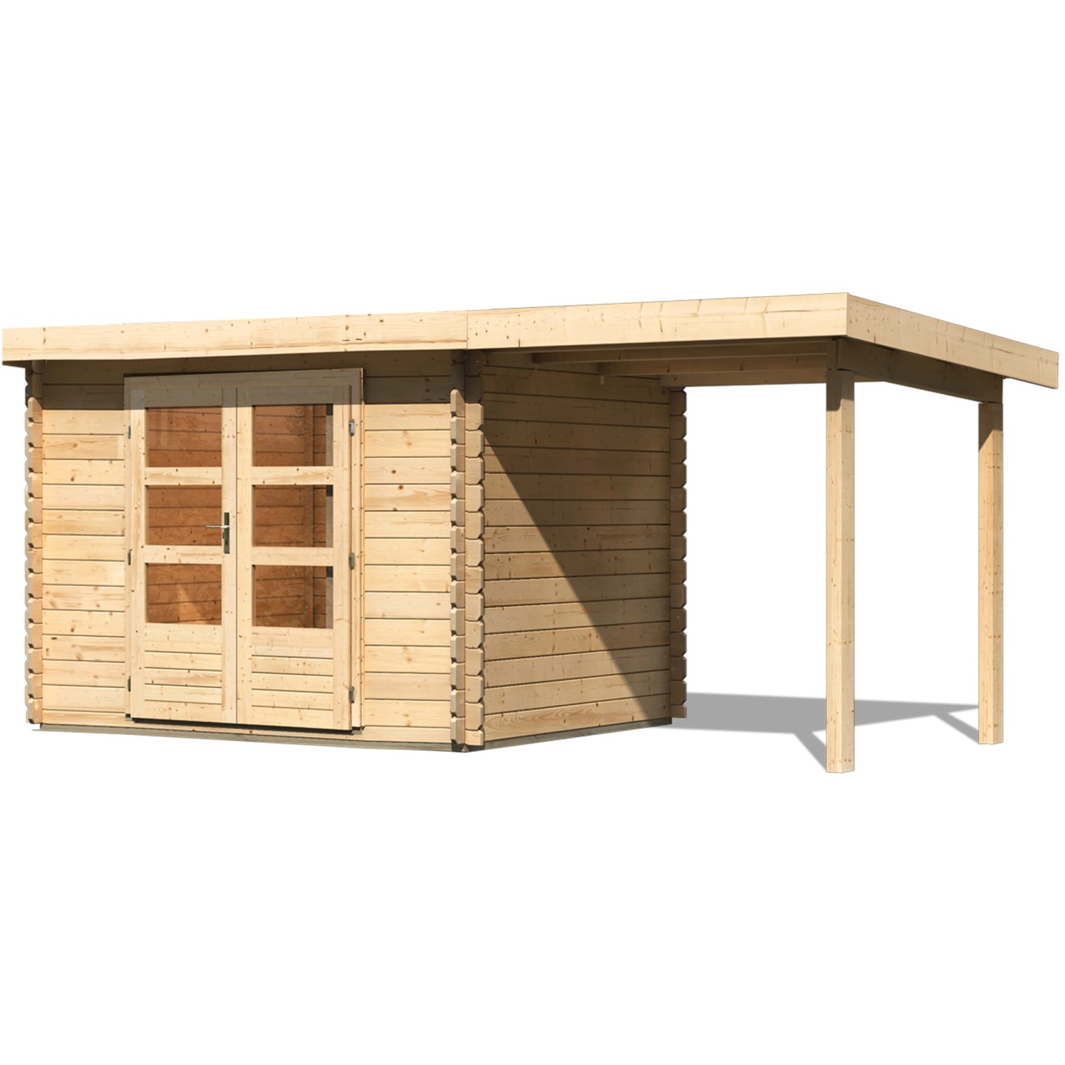 Unbehandeltes Karibu Holz-Gartenhaus Ängelholm mit Pultdach und überdachter Fläche.