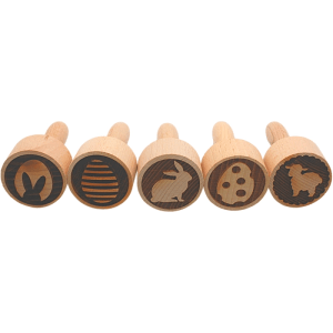 5er Set Holz Teigstempel mit Ostermotiven: Hasenohren, Eier, Hase, Schaf. Ideal für Backen & Basteln.