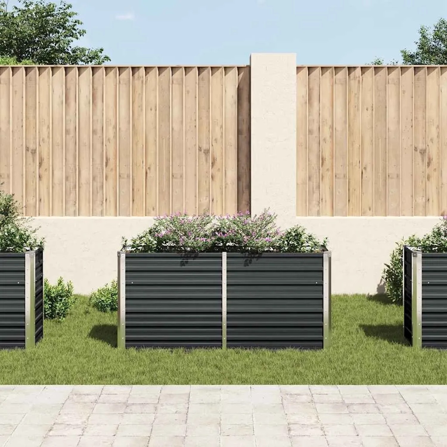 Anthrazitfarbenes furnicato Garten-Hochbeet aus verzinktem Stahl, 160x40x77 cm.
