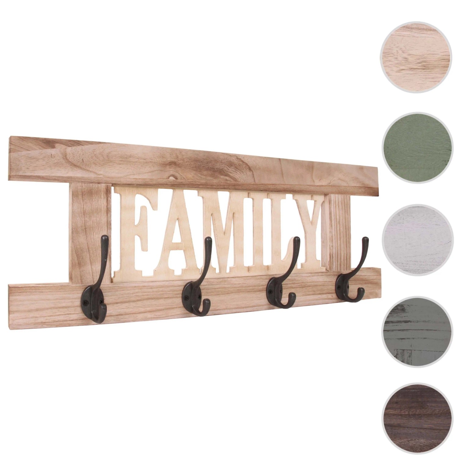 Wandgarderobe C60 Family im Shabby-Look, naturbraun mit 4 Doppelhaken.