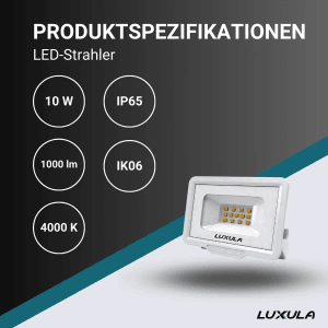 Weißer LUXULA LED Fluter 30W, 3000lm, 4000K, IP65 Außenstrahler für Spots.