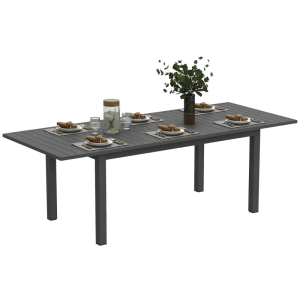 Grauer Outsunny Gartentisch aus Aluminium, erweiterbar für 6-8 Personen, gedeckt mit Geschirr.
