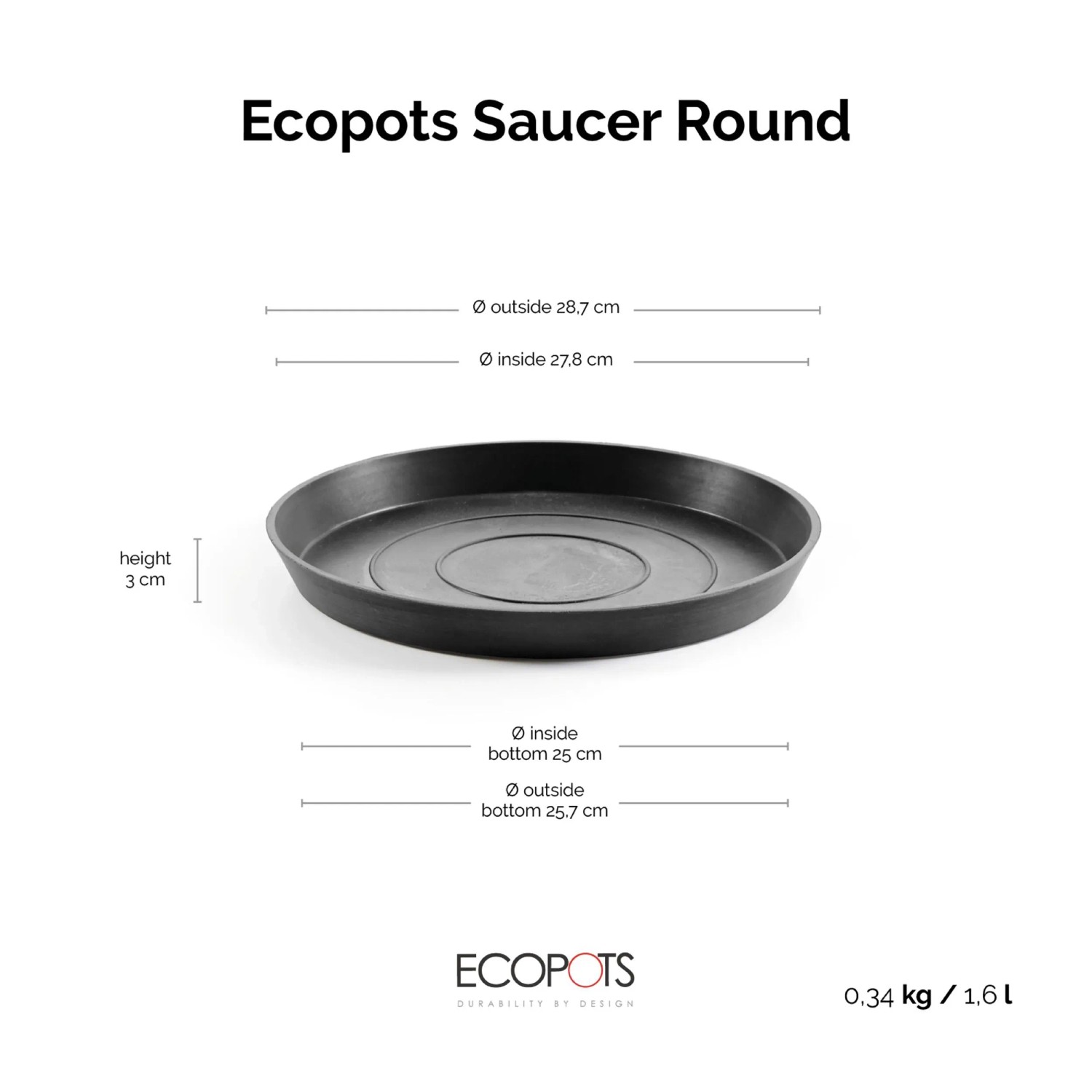 Ecopots Untersetzer, dunkelgrau, Ø 30 cm. Ideal für Innen- und Außenbereich, schützt Oberflächen vor Wasser.