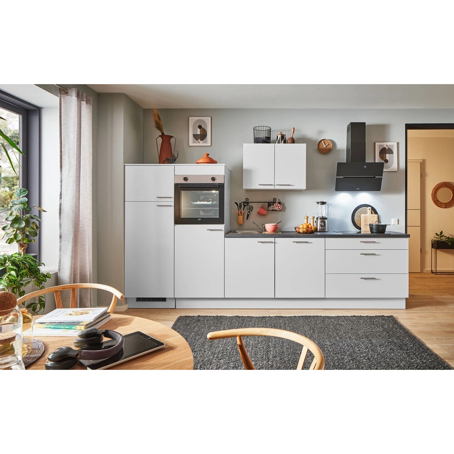 pino Küchenzeile 320 cm Lichtgrau Anschlag,inks 2 Geräteschränke