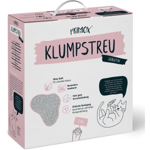 Primox Katzenstreu Sensitiv, klumpend, 8 kg im Karton. Staubarm und ohne Duft, ideal für sensible Katzen.