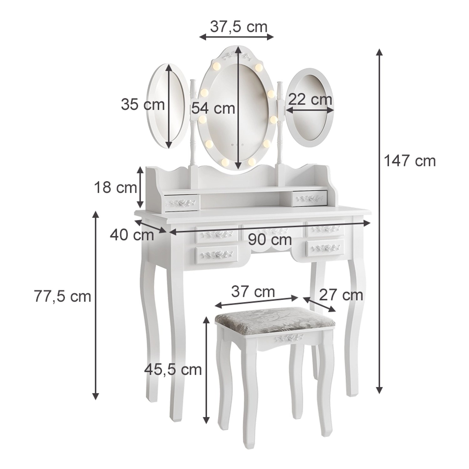 Vicco Schminktisch Diana Weiß 90 cm mit Beleuchtung und Hocker günstig online kaufen