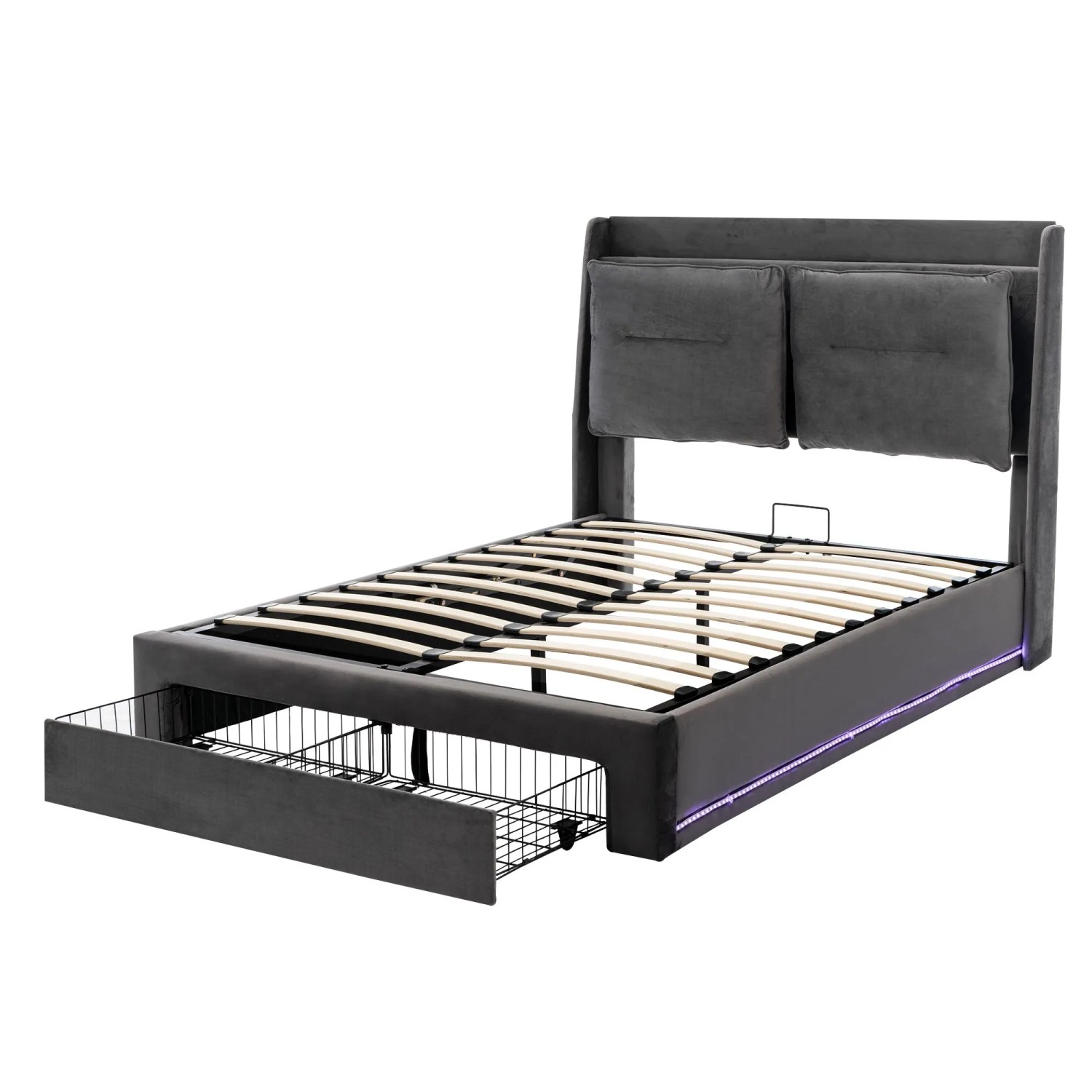 Okwish Polsterbett 140×190 Hydraulisches Funktionsbett Mit Led-Lichtleiste Bettkasten Und Stauschubladen Ohne Matratze