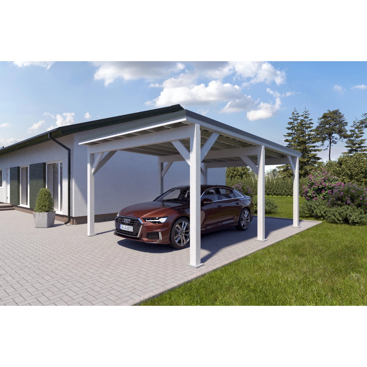 Holzbrüder Carport Ralf 24m² Reinweiß-Dornengrün günstig online kaufen