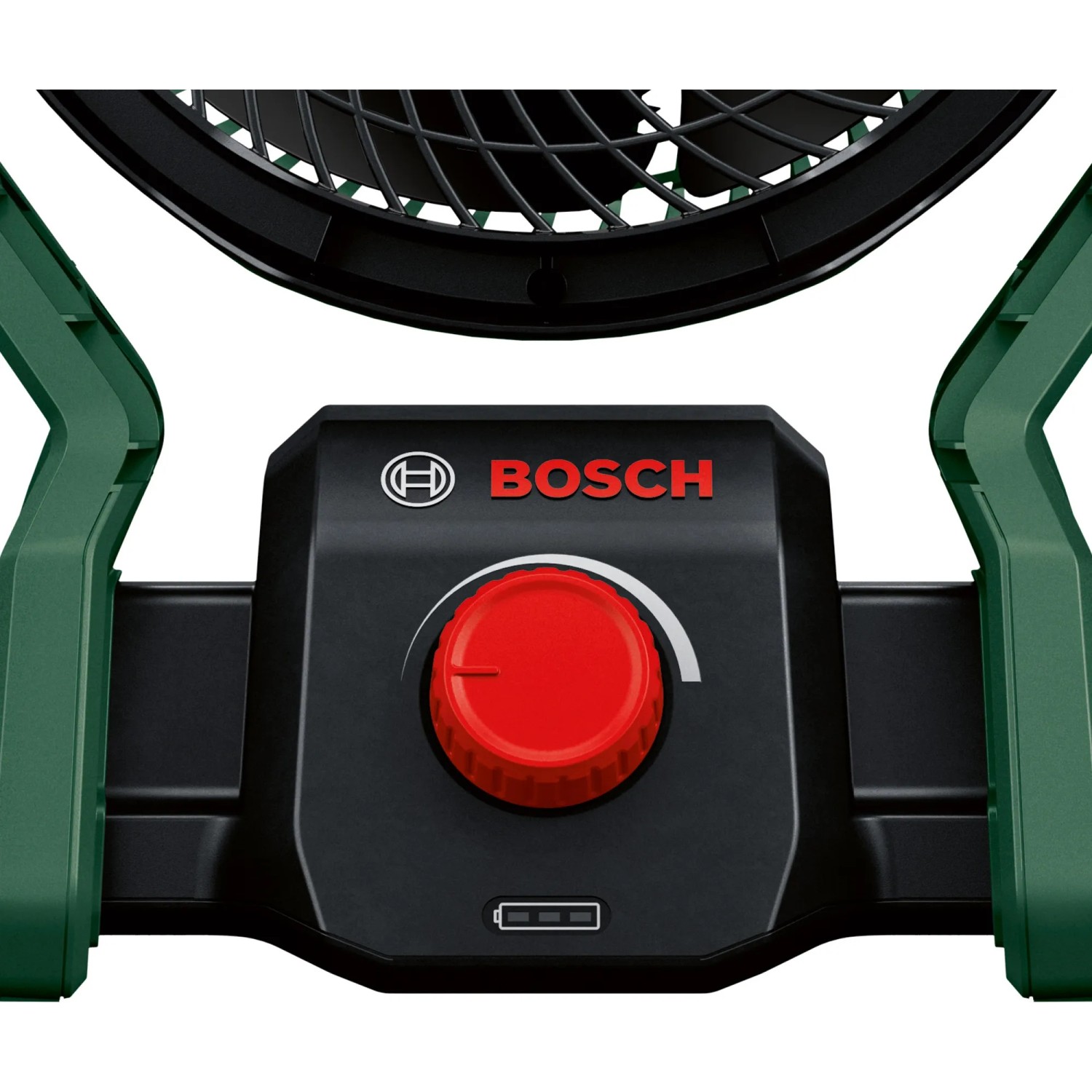 Detailaufnahme des Bosch Akku-Ventilator UniversalFan 18V-1000 Solo mit rotem Drehknopf.