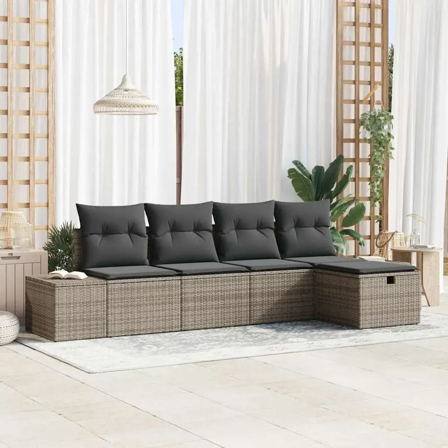 Graues 5-tlg. vidaXL Garten-Sofa-Set aus Poly Rattan mit Kissen für Terrasse und Garten.
