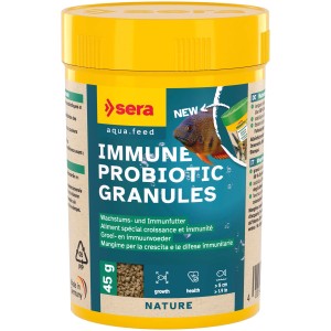 Sera ImmunPro Nature Fischfutter-Granulat, gelbe Dose, mit Fisch-Abbildung.