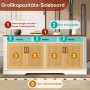 Merax Sideboard weiß, holzfarbene Platte, 3 blaue Schubladen, 4 Türen mit 3D Streifen. Modernes MDF Wohnzimmermöbel.