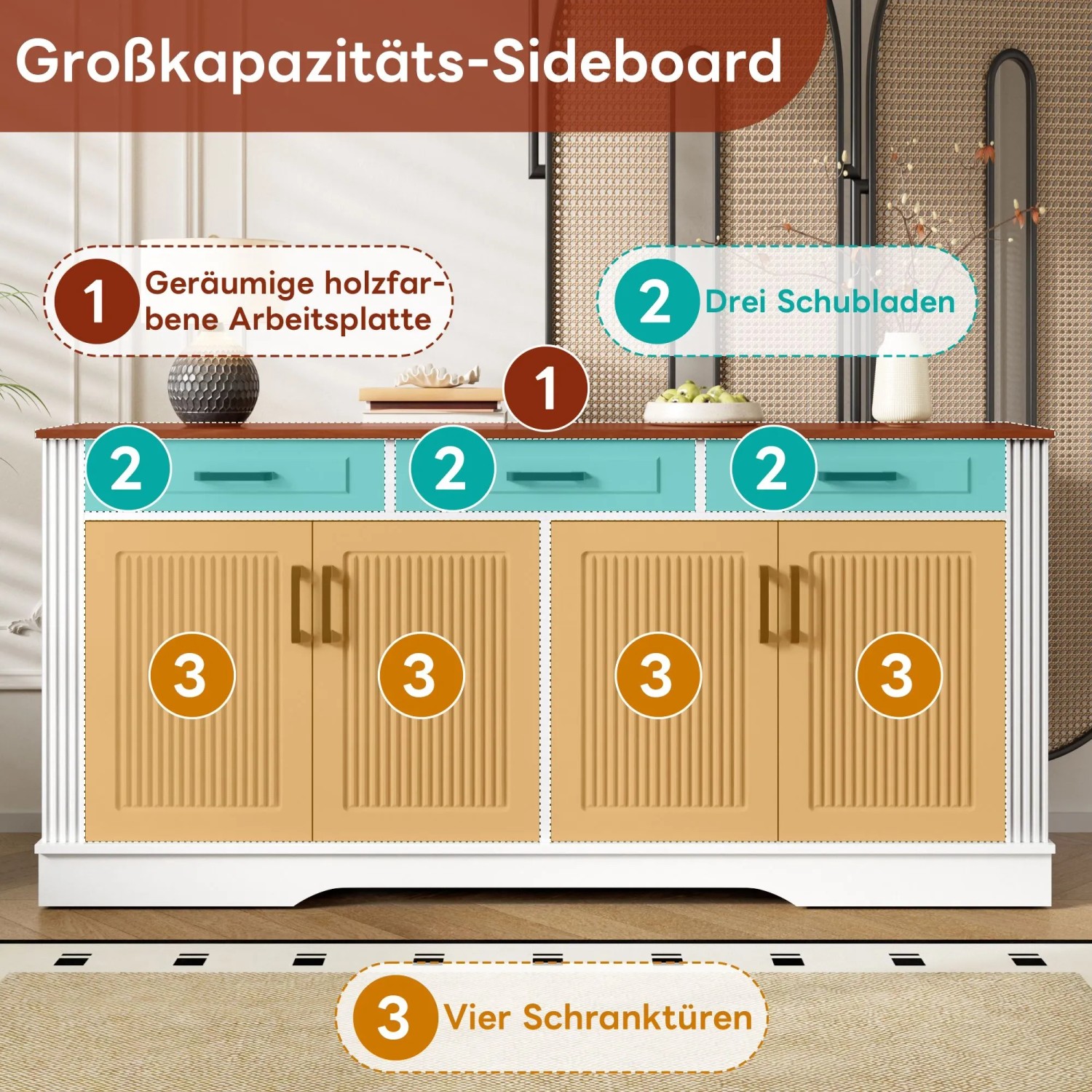 Merax Sideboard weiß, holzfarbene Platte, 3 blaue Schubladen, 4 Türen mit 3D Streifen. Modernes MDF Wohnzimmermöbel.