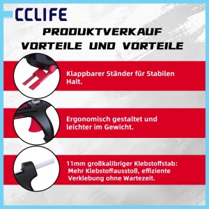 CCLIFE Heißklebepistole mit klappbarem Ständer, ergonomischem Design und 11mm Klebestift für Basteln und Reparaturen.