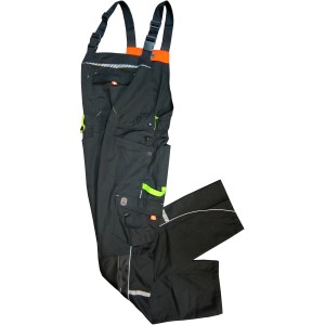 Schwarze Herren-Latzhose Größe 56 mit limettenfarbenen Akzenten und praktischen Taschen.
