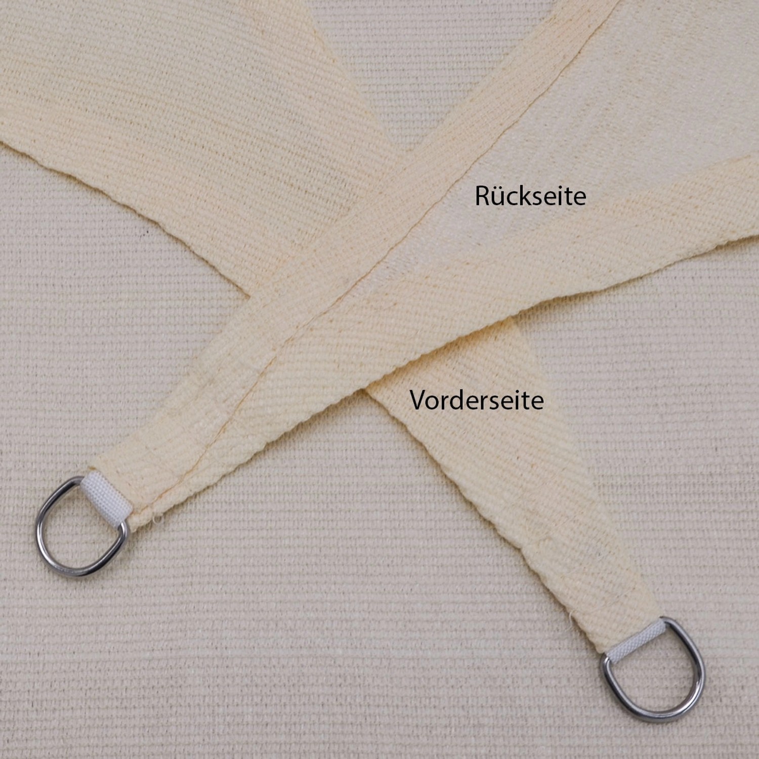 Detailaufnahme AMANKA Sonnensegel 3x3x3m Dreieck Beige: Vorder- und Rückseite mit D-Ring.