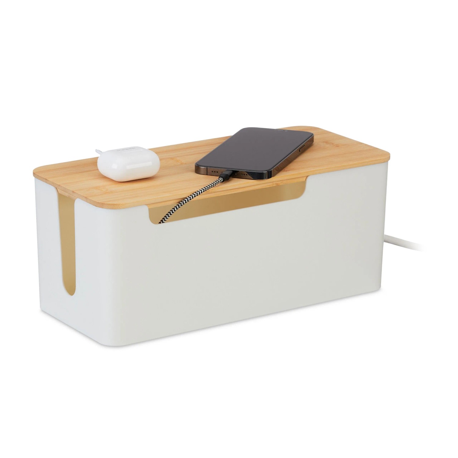 Relaxdays Kabelbox Kunststoff Bambus Weiß Mit Bambusdeckel 13 cm x 31 cm x 14 cm