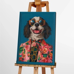 Leinwandbild Art Universe: Hund Jacky mit Sonnenbrille und floralem Anzug auf blauem Hintergrund. Dekoartikel.