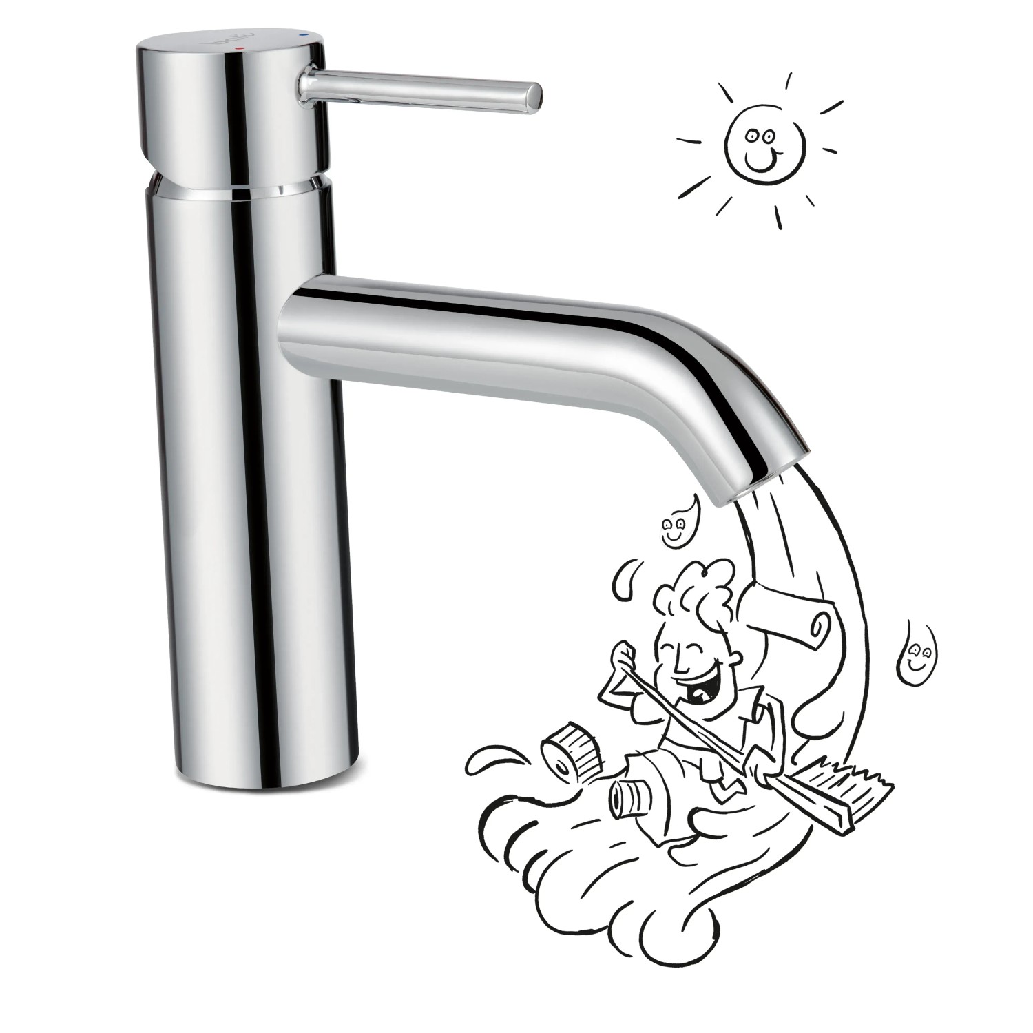 baliv Waschtischarmatur WT-650 Chrom mit stilisierter Wasser-Illustration.