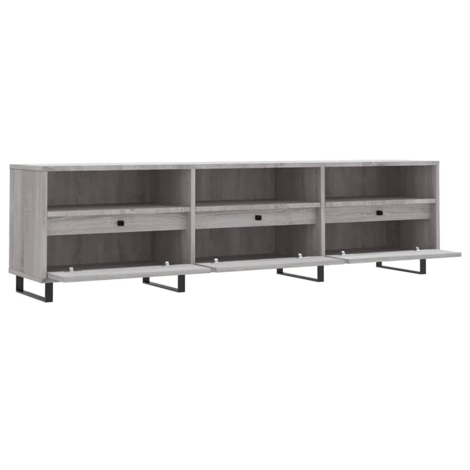 VidaXL TV-Schrank Grau Sonoma, 150 cm breit, mit Fächern und schwarzen Metallbeinen.