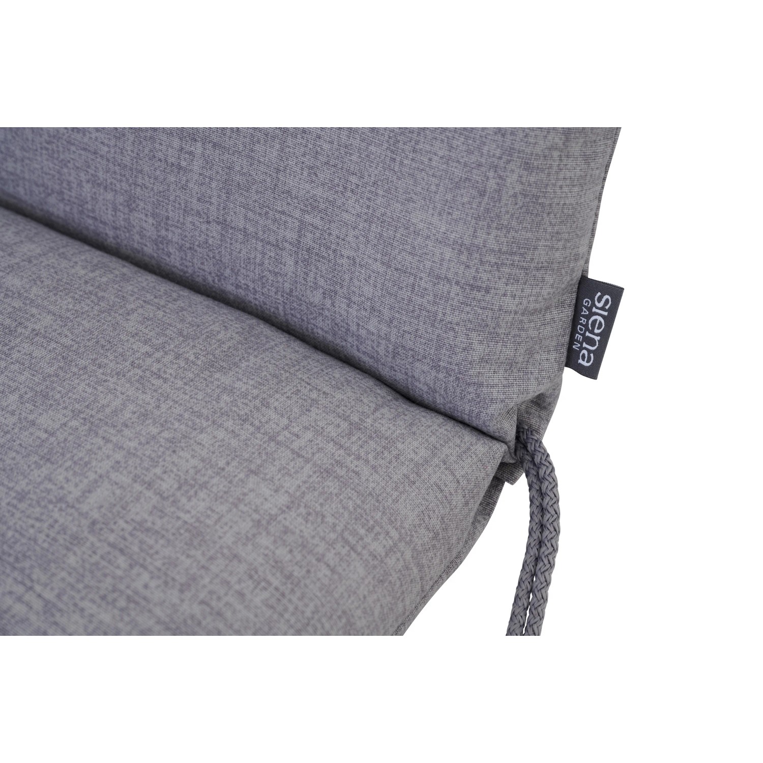 Graue Siena Garden Sesselauflage Comfort, Detailaufnahme von Stoff und Bindebändern.