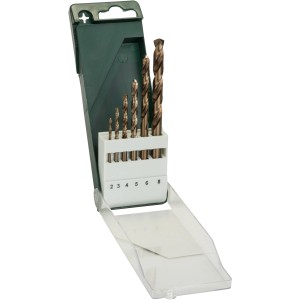Bosch Metallbohrer-Set, 6-teilig, HSS-Co, DIN 338 im grünen Kasten mit Größenangabe.