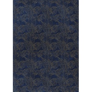 Fototapete mit blauem Hintergrund und goldenem Blättermuster.