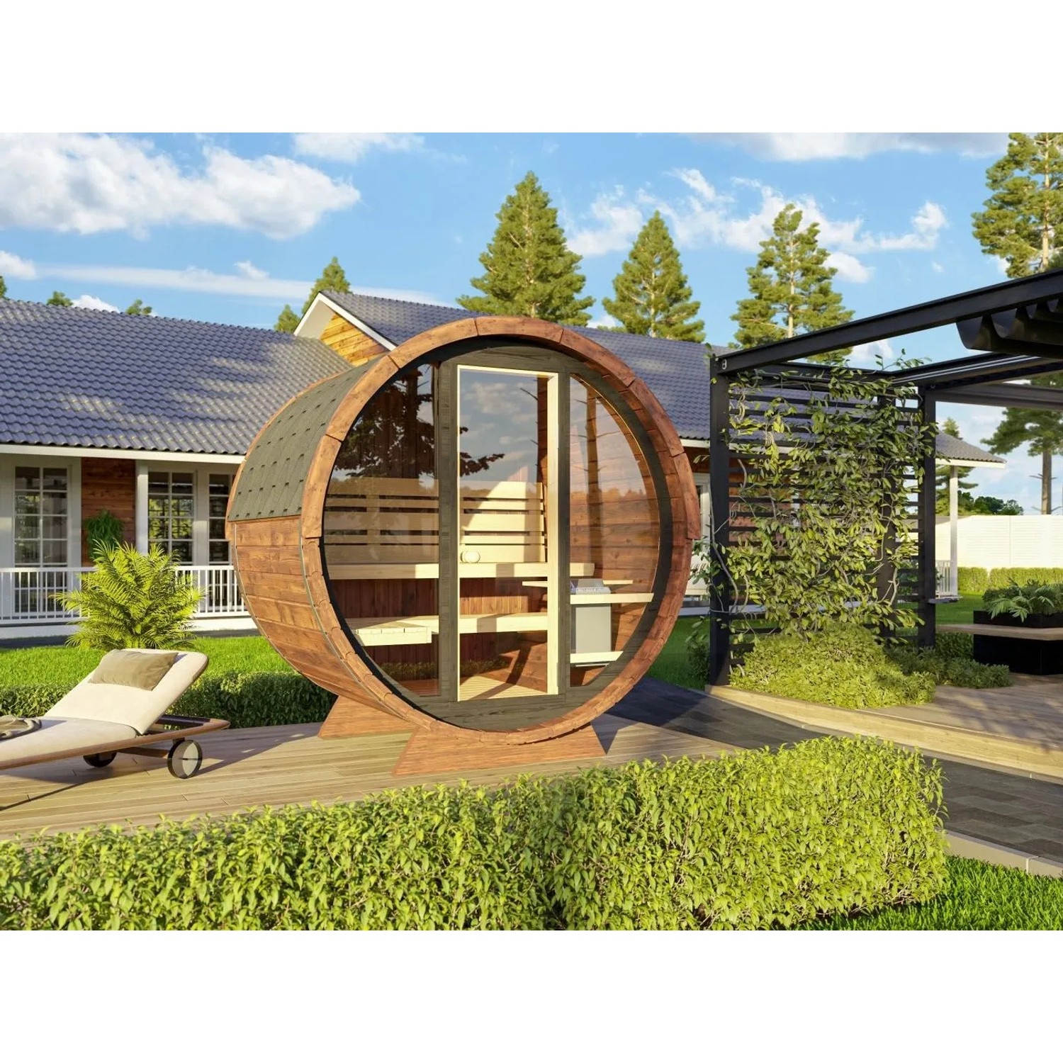 Fjordholz Fass-Sauna Modell Leo mit Vollglasfront Thermoholz