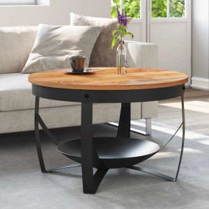 Runder Couchtisch aus Akazienholz mit schwarzem Metallgestell und Ablage im Wohnzimmer. Ø68x43 cm.
