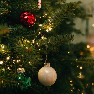 Geschmückter Weihnachtsbaum Nordmanntanne mit roten, weißen und grünen Kugeln und Lichterkette.