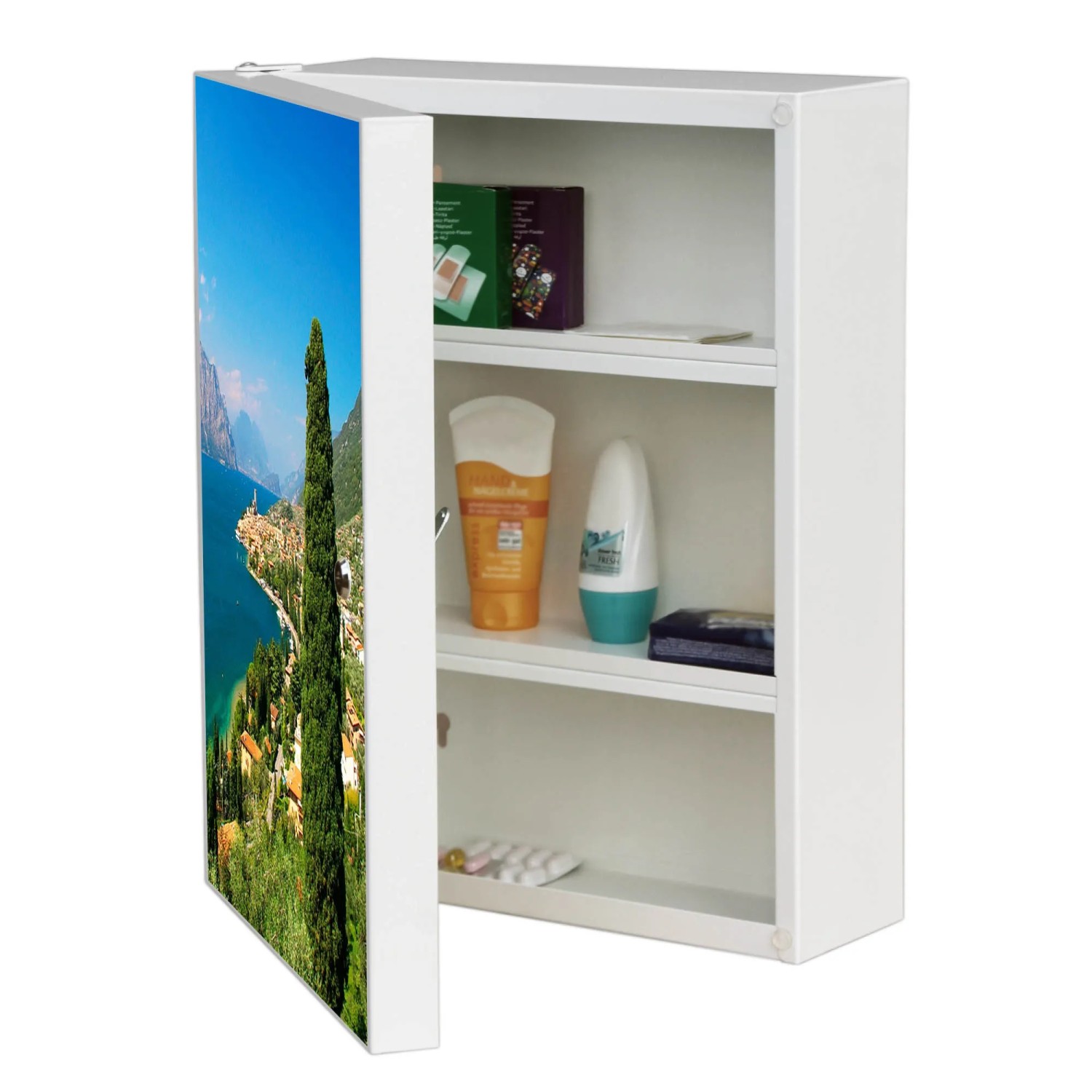 Banjado Medizinschrank Abschließbar – Mit Sonnenaufgang-Motiv, 35x46x15 Cm, Metall