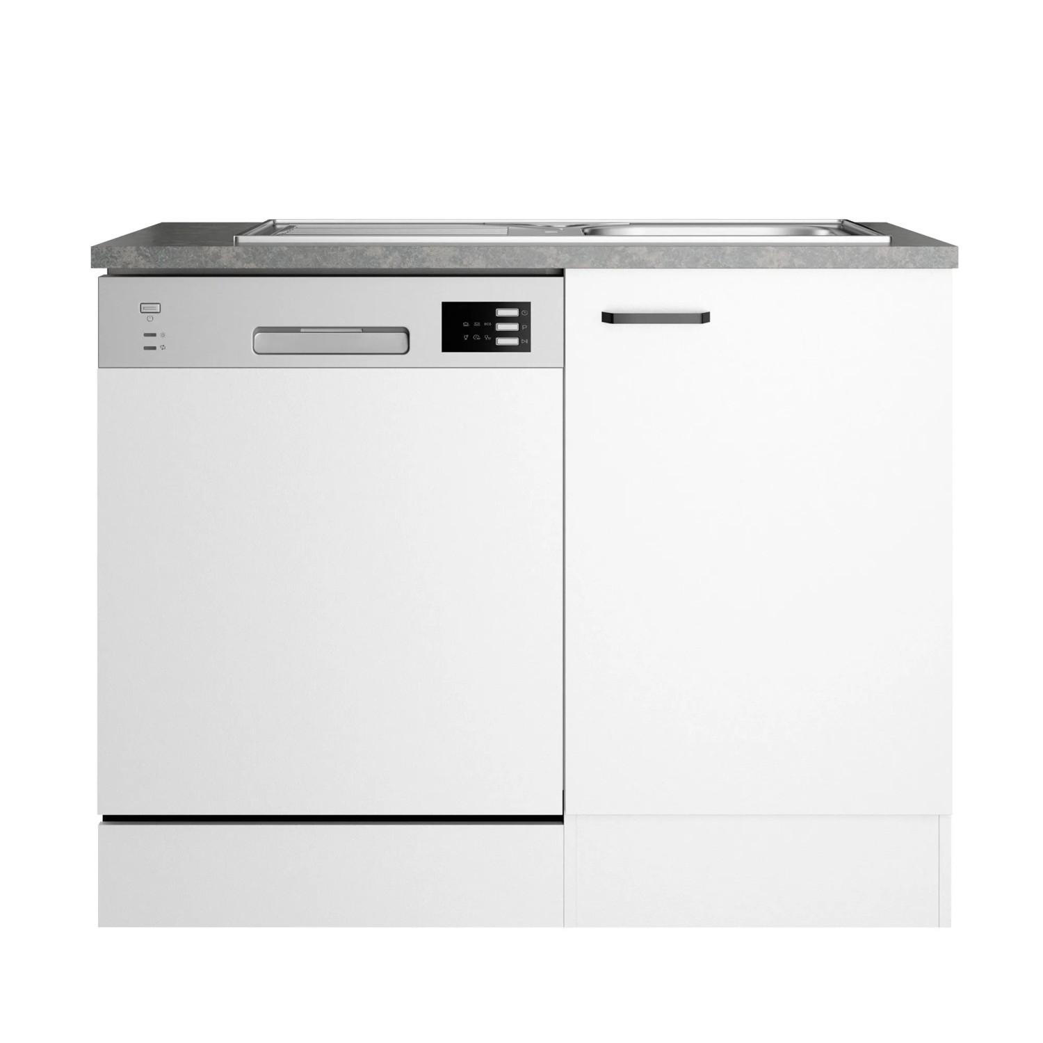 Weißer OPTIFIT Spülenunterschrank Bonn214 mit Spüle und Geschirrspülerblende, 110 cm breit.