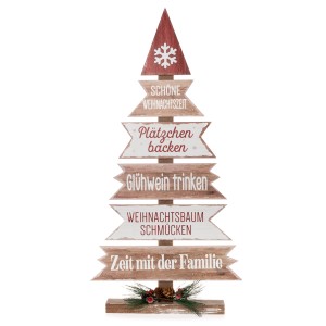 Mehrfarbiger Holz-Tannenbaum (75x40 cm) mit weihnachtlichen Sprüchen als Deko-Objekt.