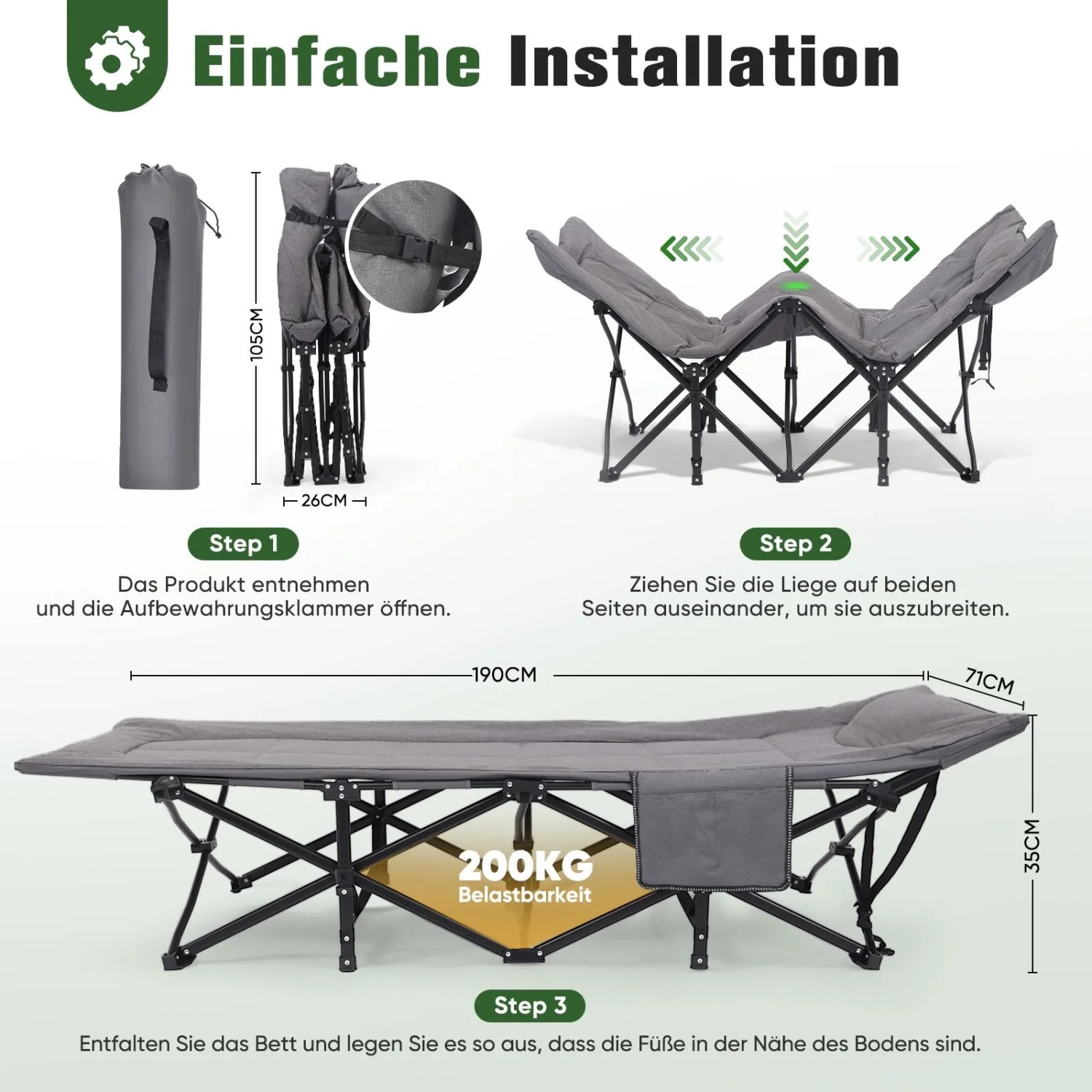 Sekey Feldbett mit Matratze, Klappbett für Camping, Montageanleitung in 3 Schritten.