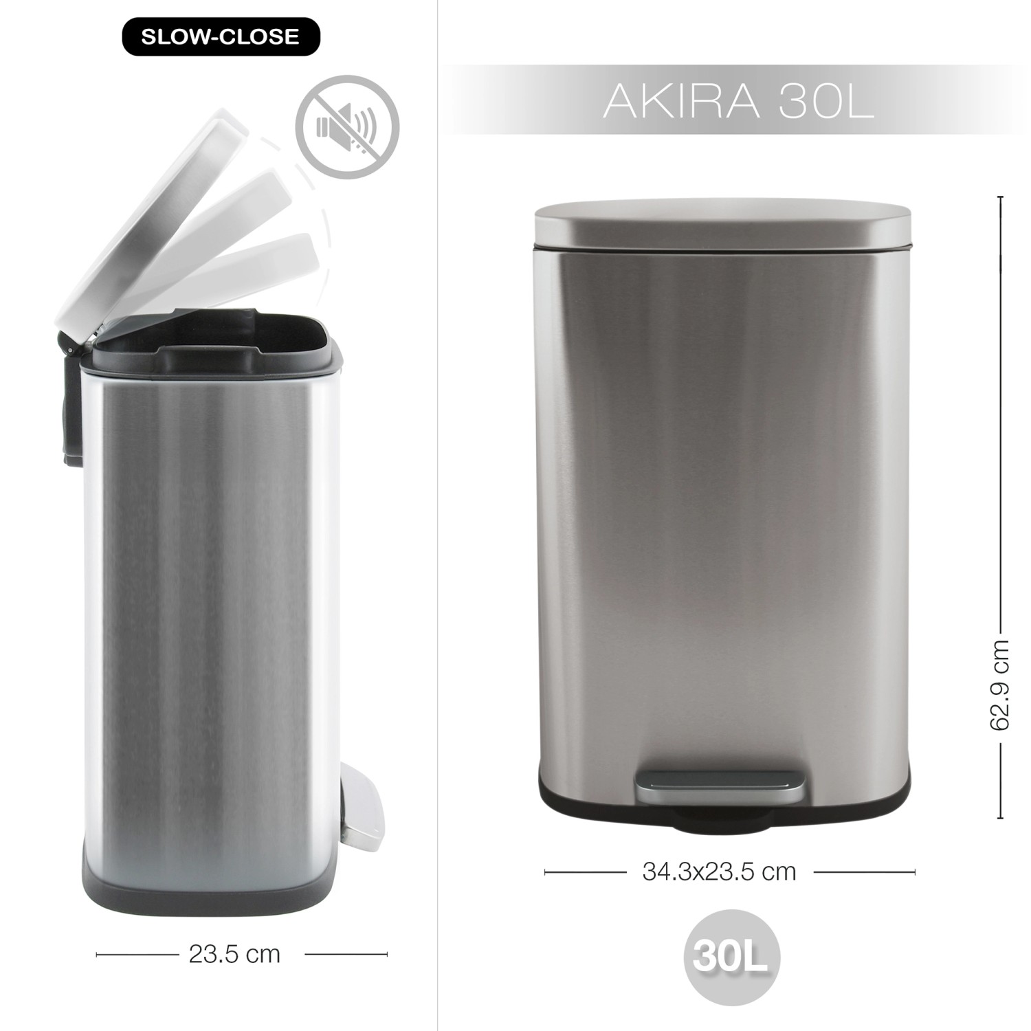 Spirella Akira Kosmetikeimer, 30 l, Edelstahl mit Pedal und Slow-Close-Deckel.