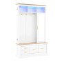 Weiße Flurgarderobe mit Holzoptik-Deckplatte, blauer LED, Spiegel, Haken, Schubladen & Schuhschrank. Für Diele & Flur.
